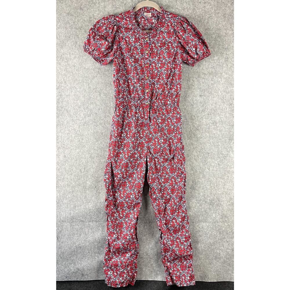 J Crew Crewcuts Jumpsuit Girls 14 Floral Puff Sleeve Gold Button Cotton Colorful